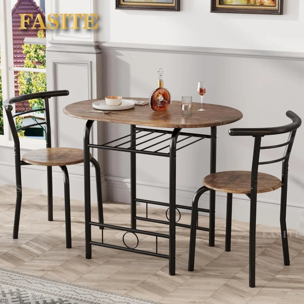 3Piece Wooden Round Table&Chair Set,Space Saving Wood Grain Tabletop with Metal Frame Built for Kitchen,Dining Room(Brown/Black)