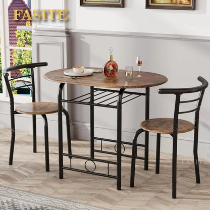 3Piece Wooden Round Table&Chair Set,Space Saving Wood Grain Tabletop with Metal Frame Built for Kitchen,Dining Room(Brown/Black)