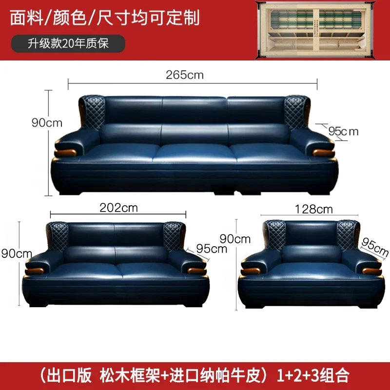 The first layer leather sofa high-grade villa solid wood high-end living room modern simple apartment blue Nordic style custom