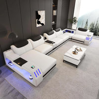 Modern Genuine Leather Massage Sectional Sofa Bed with Adjustable Headrests & LED Lights, Recliner Couch Set with Storage & USB