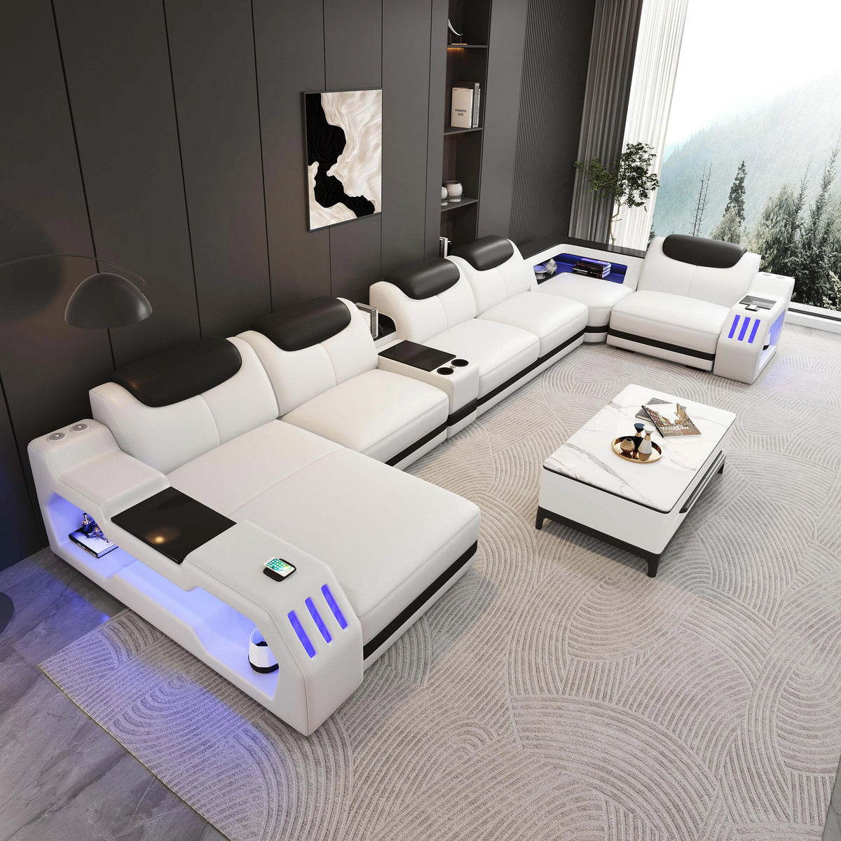 Modern Genuine Leather Massage Sectional Sofa Bed with Adjustable Headrests & LED Lights, Recliner Couch Set with Storage & USB