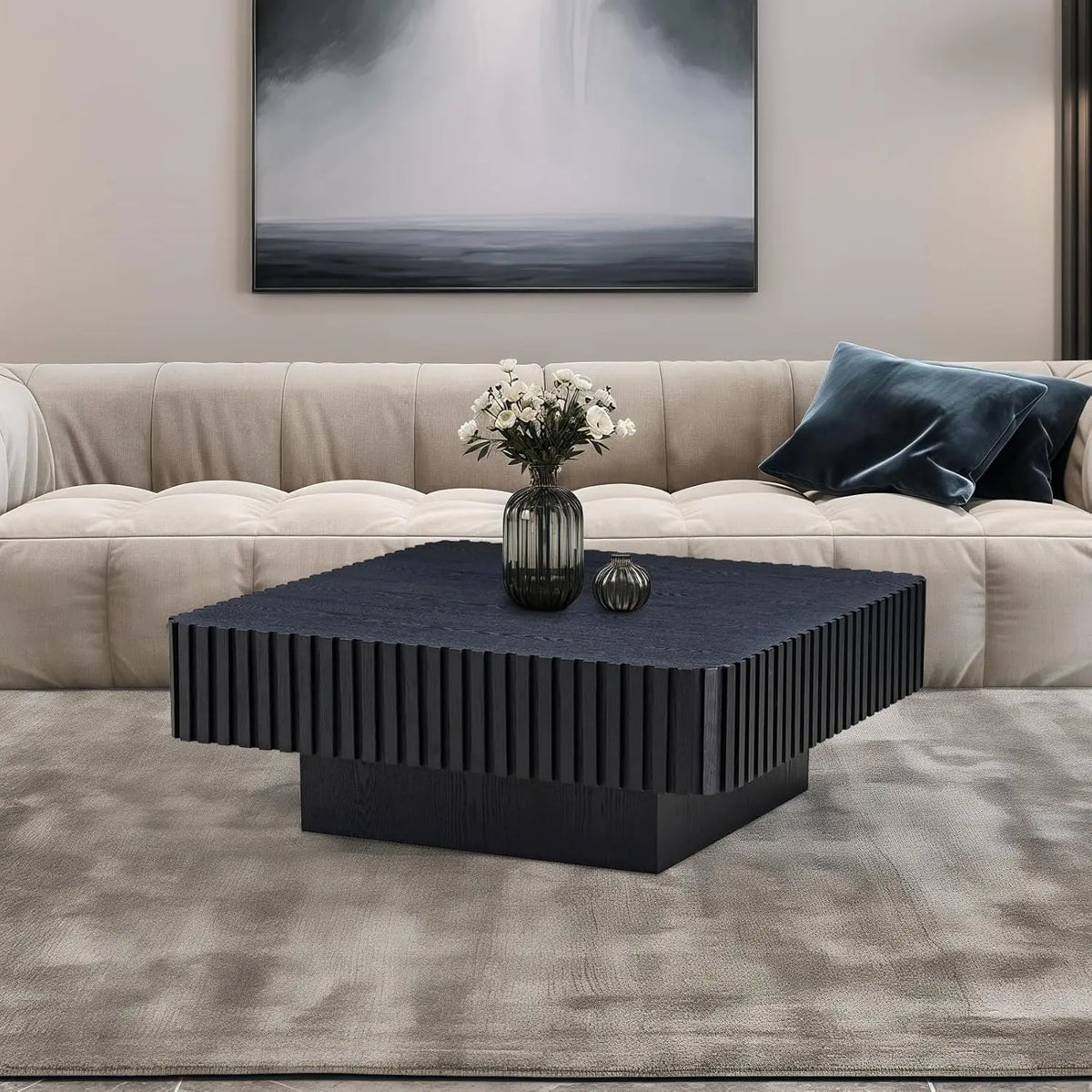 Square Coffee Table for Living Room, Modern Handcraft Solid Wood Drum Coffee Table with Sturdy Pedestal Shaped Tea Table
