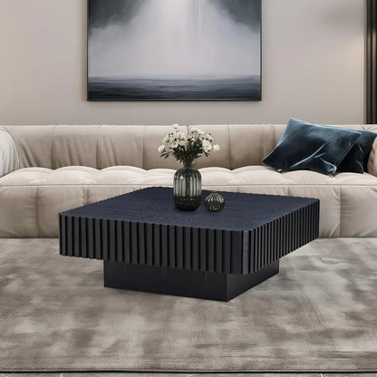 Square Coffee Table for Living Room, Modern Handcraft Solid Wood Drum Coffee Table with Sturdy Pedestal Shaped Tea Table