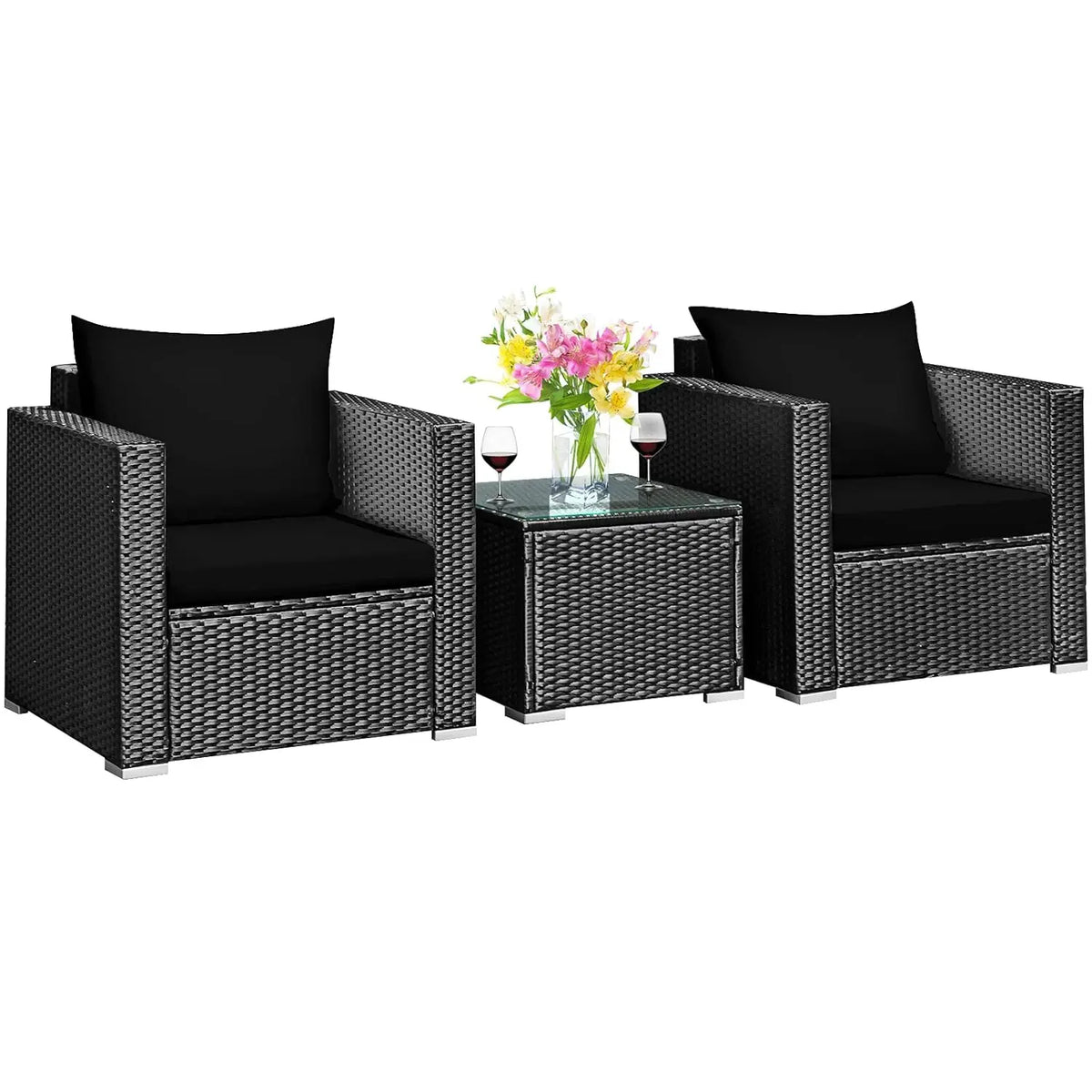 3 Pieces Patio Furniture Set, Outdoor Conversation Rattan Furniture Set w/Washable Cushion and Tempered Glass Tabletop, PE Ratta