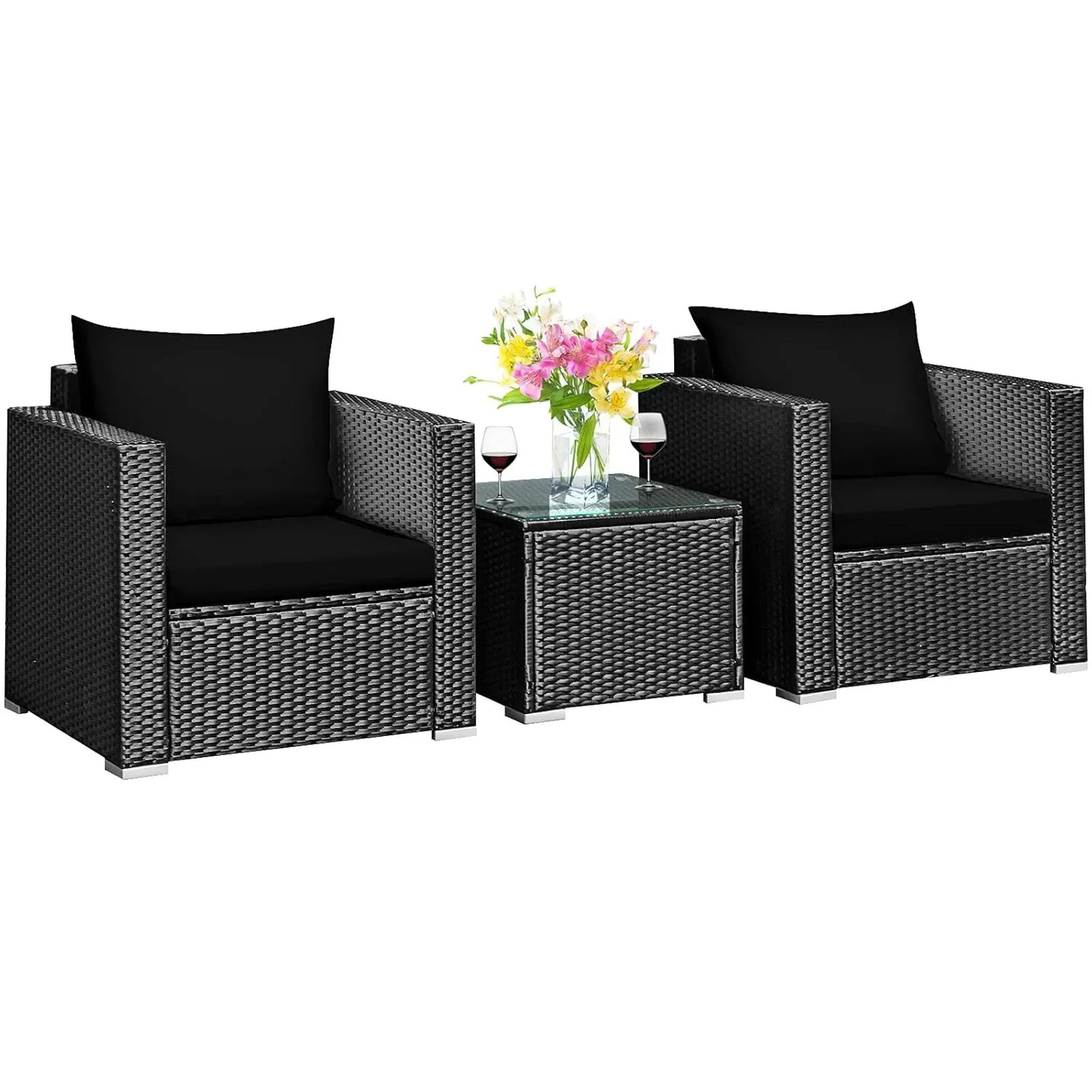 3 Pieces Patio Furniture Set, Outdoor Conversation Rattan Furniture Set w/Washable Cushion and Tempered Glass Tabletop, PE Ratta