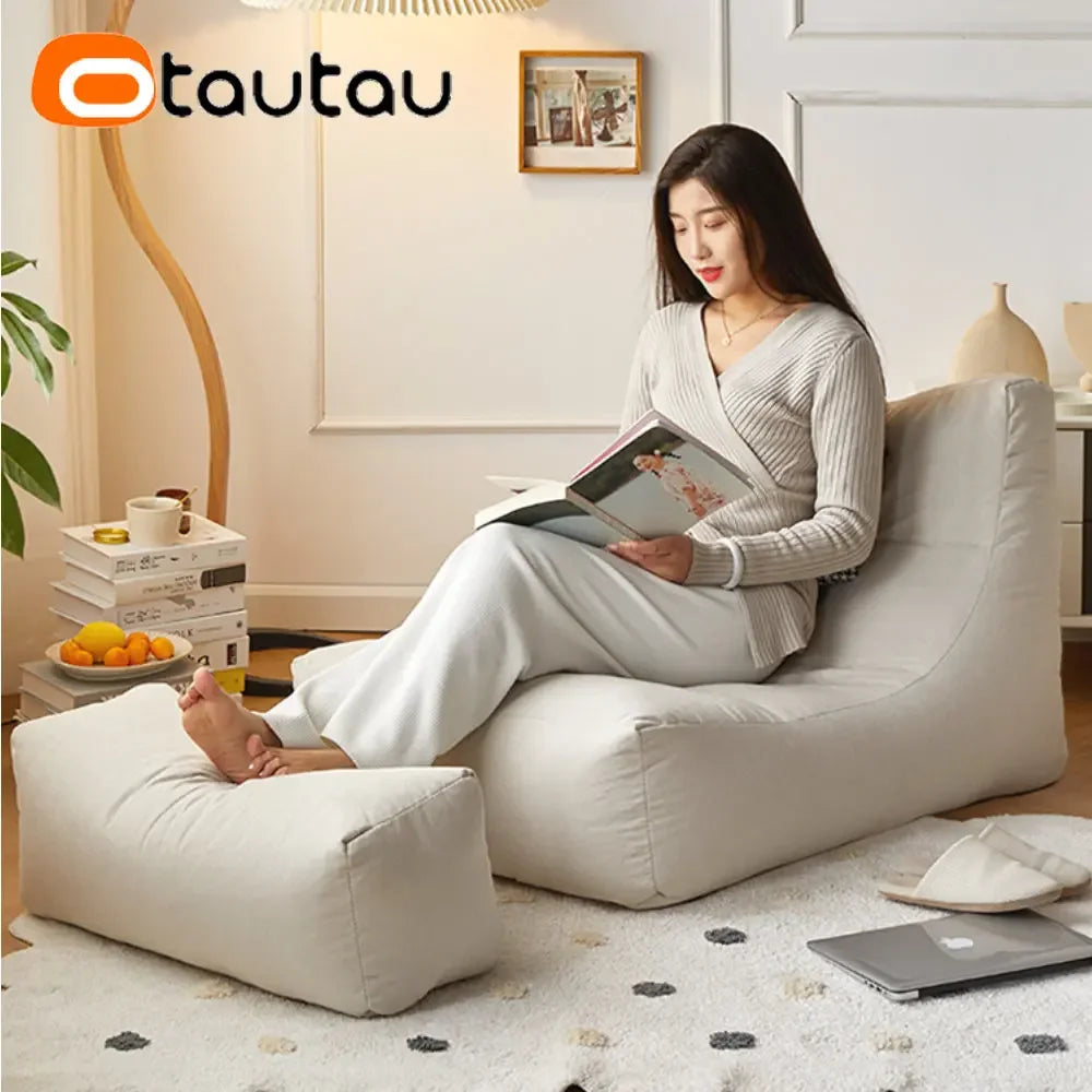 OTAUTAU Soft Cotton Bean Bag Cover Without Filler Chaise Lounge Recliner Sofa Bed Beanbag Pouf Sac with Footstool Ottoman SF027