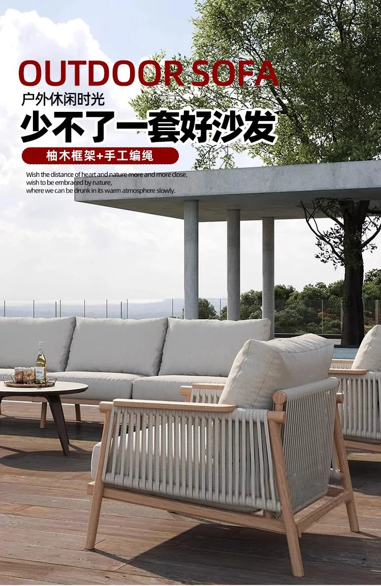 Outdoor Sofa Teak Outdoor Balcony Courtyard Rope Weaving Outdoor Tea Table Combination Garden Solid Wood Furniture