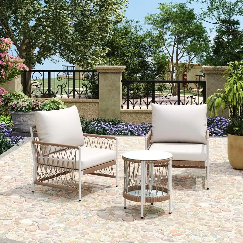 Bohemian Outdoor Furniture Set, 3-Piece with 2 Lounge Chairs & Glass Table, Handwoven Rope & Powder-Coated Steel Frame,