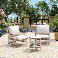 Bohemian Outdoor Furniture Set, 3-Piece with 2 Lounge Chairs & Glass Table, Handwoven Rope & Powder-Coated Steel Frame,