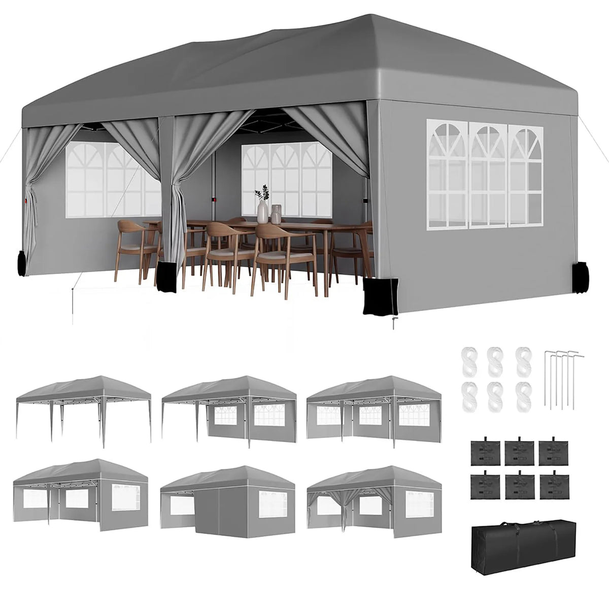 10x20 Pop Up Canopy Tent With 6 Sidewalls, Heavy Duty Party Gazebo With Windows, Zipper Doors, Sandbags And Carry Bag For Events