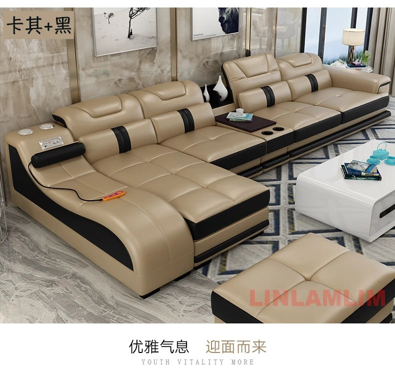 Sectional Sofa with Massage Chaise Lounge, Cup Holder, USB, Adjustable Headrests – Italian Genuine Leather Living Room Couch