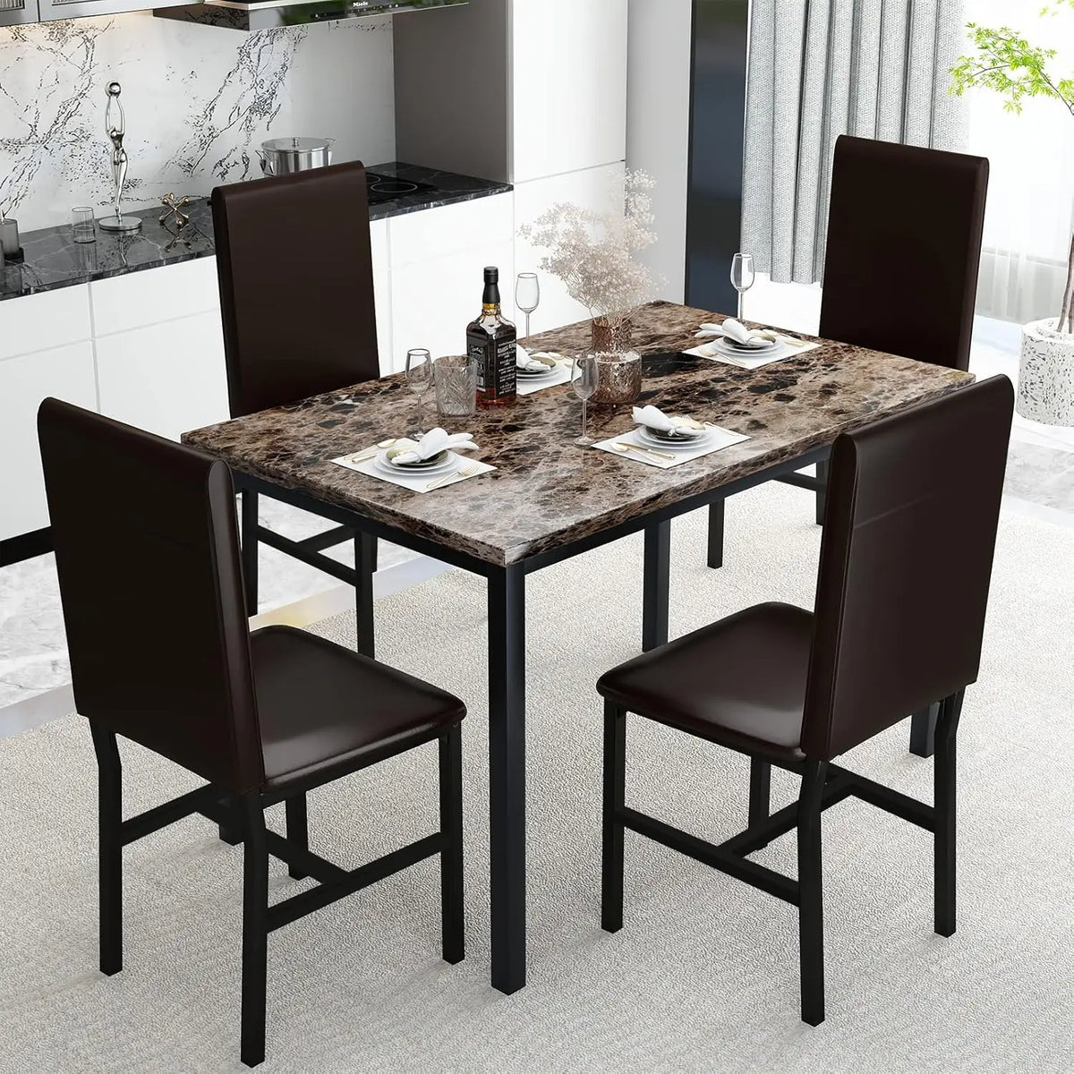 Faux Marble Dining Table Set for 4, PU Leather Chairs, Modern Kitchen Table & Chairs, Coffee Color