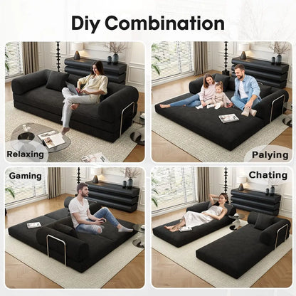 78.8" Modular Sofa Bed - 4-in-1 Convertible Design with Corduroy Fabric and High Density Sponge, Removable Cover and Fixed Frame