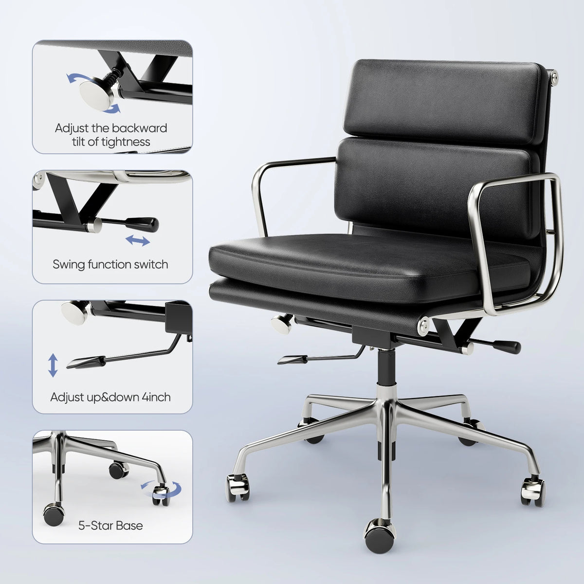 Classic Office Chair Genuine Leather Executive Desk with Lumbar Support Ergonomic Computer Chair with Aluminum Arms Office Room