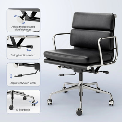 Classic Office Chair Genuine Leather Executive Desk with Lumbar Support Ergonomic Computer Chair with Aluminum Arms Office Room