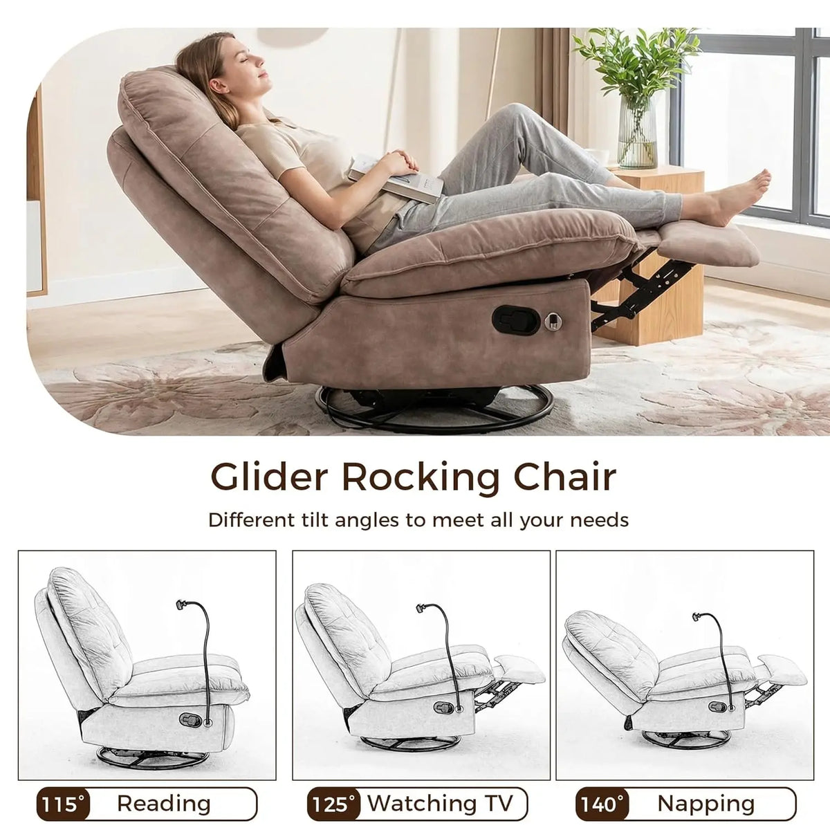 Swivel Rocker Recliner Chair for Adult, Glider Nursery Rocking Chair, Armless Manual Single Recliner Sofa for, Customized