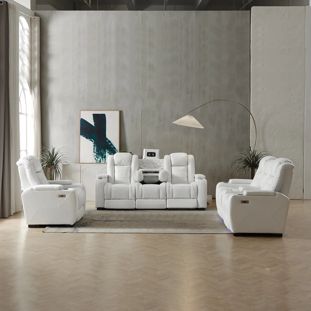 Luxury Power Recliner White Leather Sofa for Home Theater Electric VIP Cinema Sofa Set with Extendable Feature for Lay Down