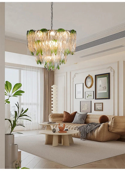 French Romantic Lustre Luxury Chandeliers Antique Designer Gradient Green glass LED Main lamps For Living Room