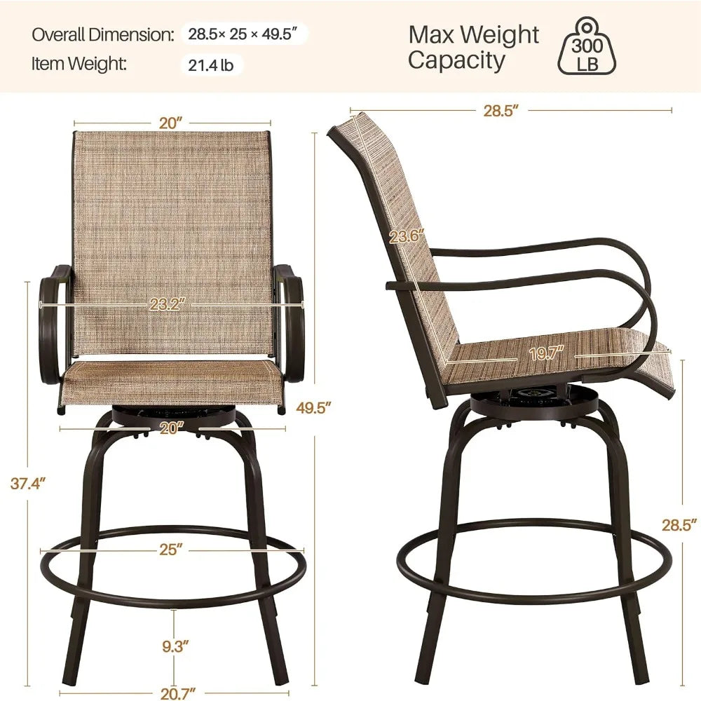 Patio Swivel Bar Stools Set of 2, All-Weather Outdoor High Bar Stools for Outdoor, Beach, Lawn, Poolside and Garden, Brown