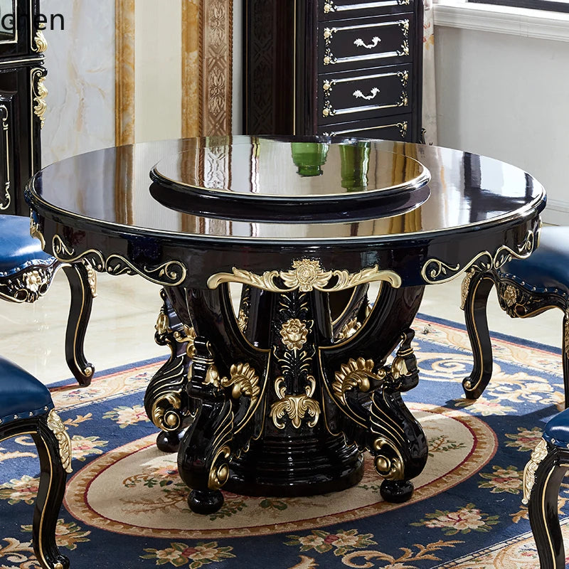HTT marble dining table and chair combination carved round table for household8 people round  with turntable furniture
