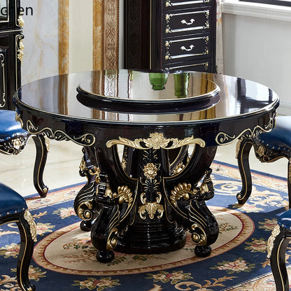 HTT marble dining table and chair combination carved round table for household8 people round  with turntable furniture