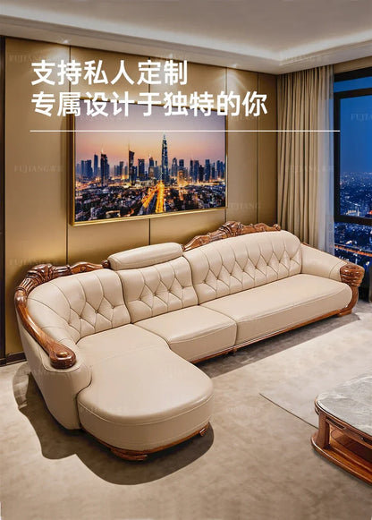 European leather sofa solid wood carving flower high-end luxury corner princess combination
