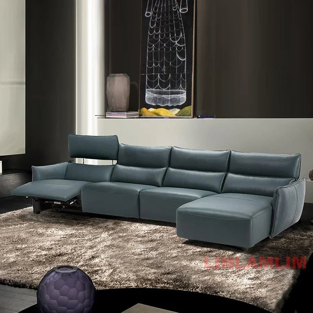 QY Dual Motor Power Reclining Genuine Leather Sectional Sofa with Adjustable Headrests, L-Shaped Corner Couch with Chaise Lounge