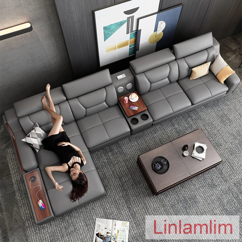 Beautify Your Living Room with Linlamlim Italian Genuine Leather Sofa - Bluetooth Speaker, Adjustable Headrests and USB Charging