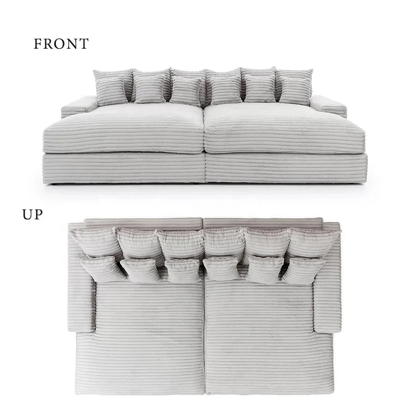 Wide Deep Seat Oversized Loveseat Chaise Compressed Sofa Bed, Fluffy Corduroy Upholstered Cloud Couch Living Room Sofas