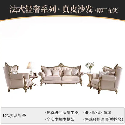 French cream wind solid wood leather living room sofa combination luxury villa sofa high-end luxury