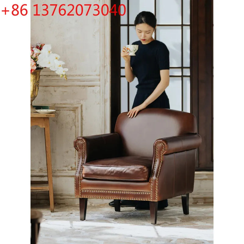 Retro oil wax leather leisure chair medieval living room tiger chair American single chair