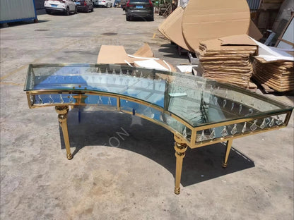 Hotel Modern Luxury Event Banquet Table Golden Stainless Steel Frame Glass Top Serpentine Wedding Table