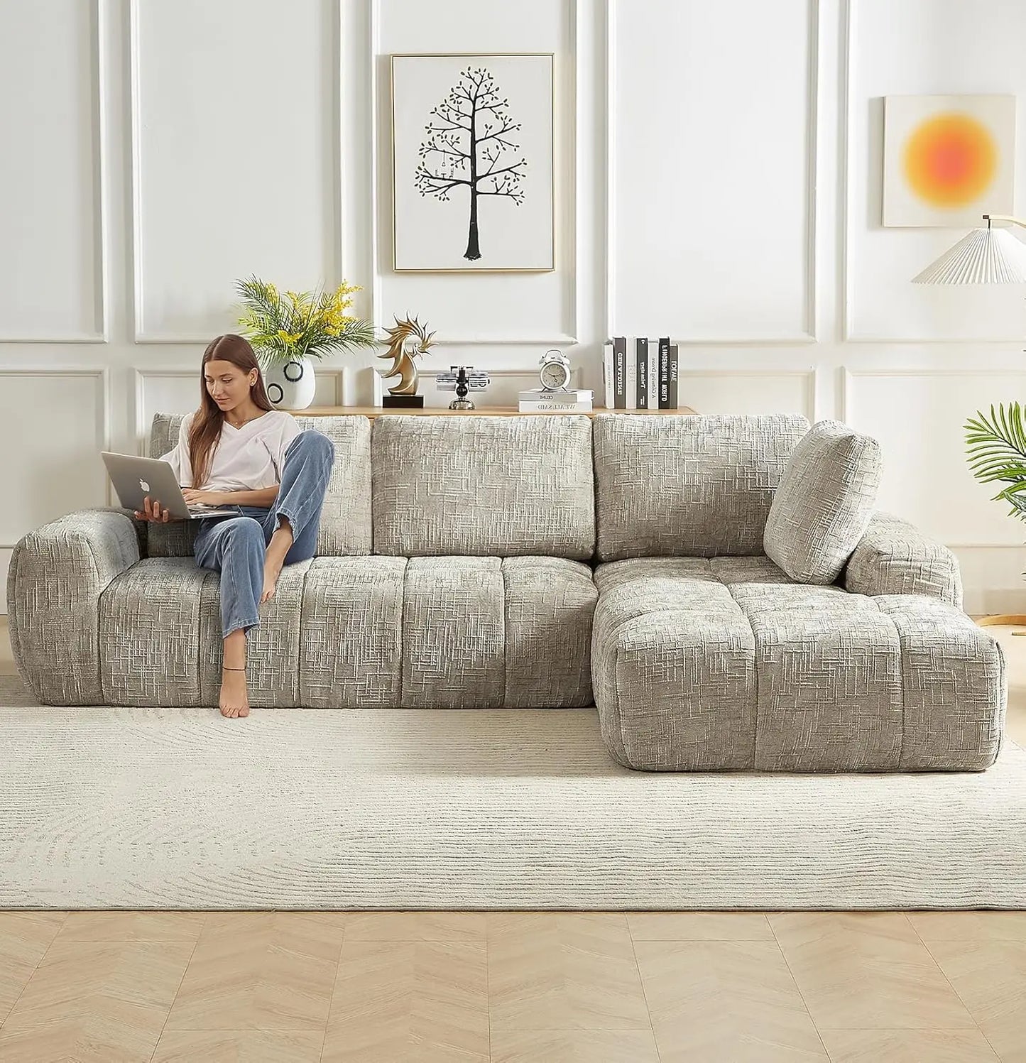 108" Boneless Cloud Modular Sectional Couch for Living Room, L Shaped Sofa with Chaise | Chenille Fabric Compressed Foam Sofa