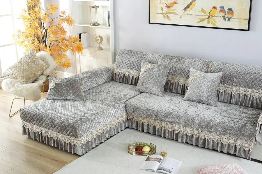 Embroidery Lace Sofa Cushion Gold Velvet Hemline Sofa Cover Autumn Winter European Couch Cover Solid Color Checkered Sofa Mat
