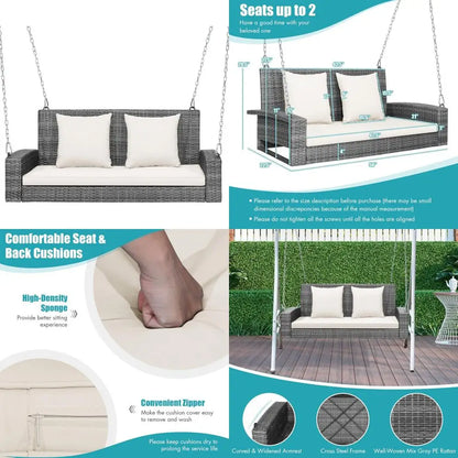 2-Person Outdoor Swing Bench with Cushions, Rustproof Metal Frame, Comfortable PE Rattan Seat and Backrest for Porch Relaxation