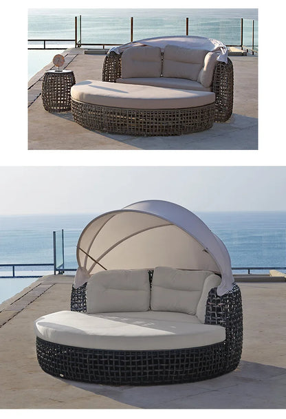 Outdoor leisure rattan sofa queen bed rough rattan recliner round bed combination with canopy round rattan awning lying outside