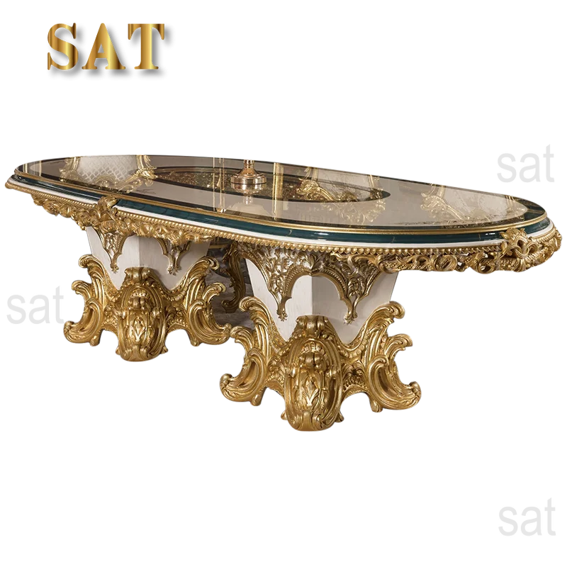 Upscale Royal Luxury Restaurant Furniture Set Custom Classical Wooden Gold Leaf Dining Table