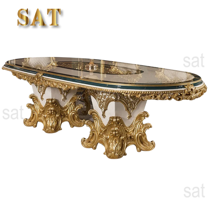 Upscale Royal Luxury Restaurant Furniture Set Custom Classical Wooden Gold Leaf Dining Table