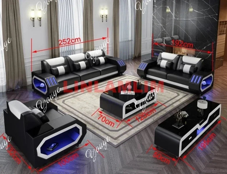 Futuristic LED Italian Genuine Leather Sofa Set – Modern Sectional Couch with Illuminated Arm Storage and High-Density Cushions