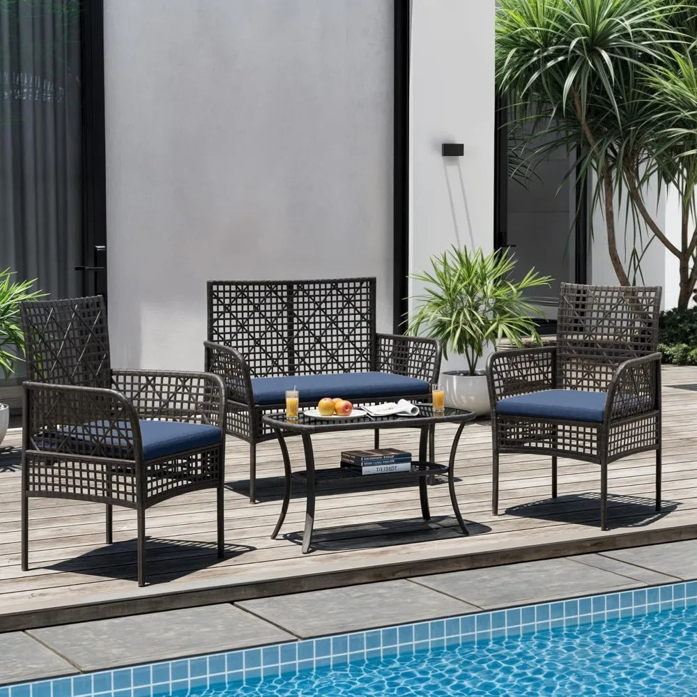 4-Piece Outdoor Wicker Rattan Furniture Set with Chairs, Coffee Table, and Cushions for Modern Patio Conversation