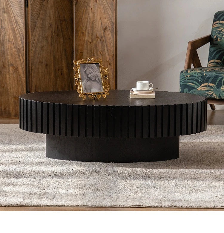 Modern Wooden Coffee Table Round Black with Solid Wood Veneered, Circle Center Table Accent Tea Table for Living Room Apartment