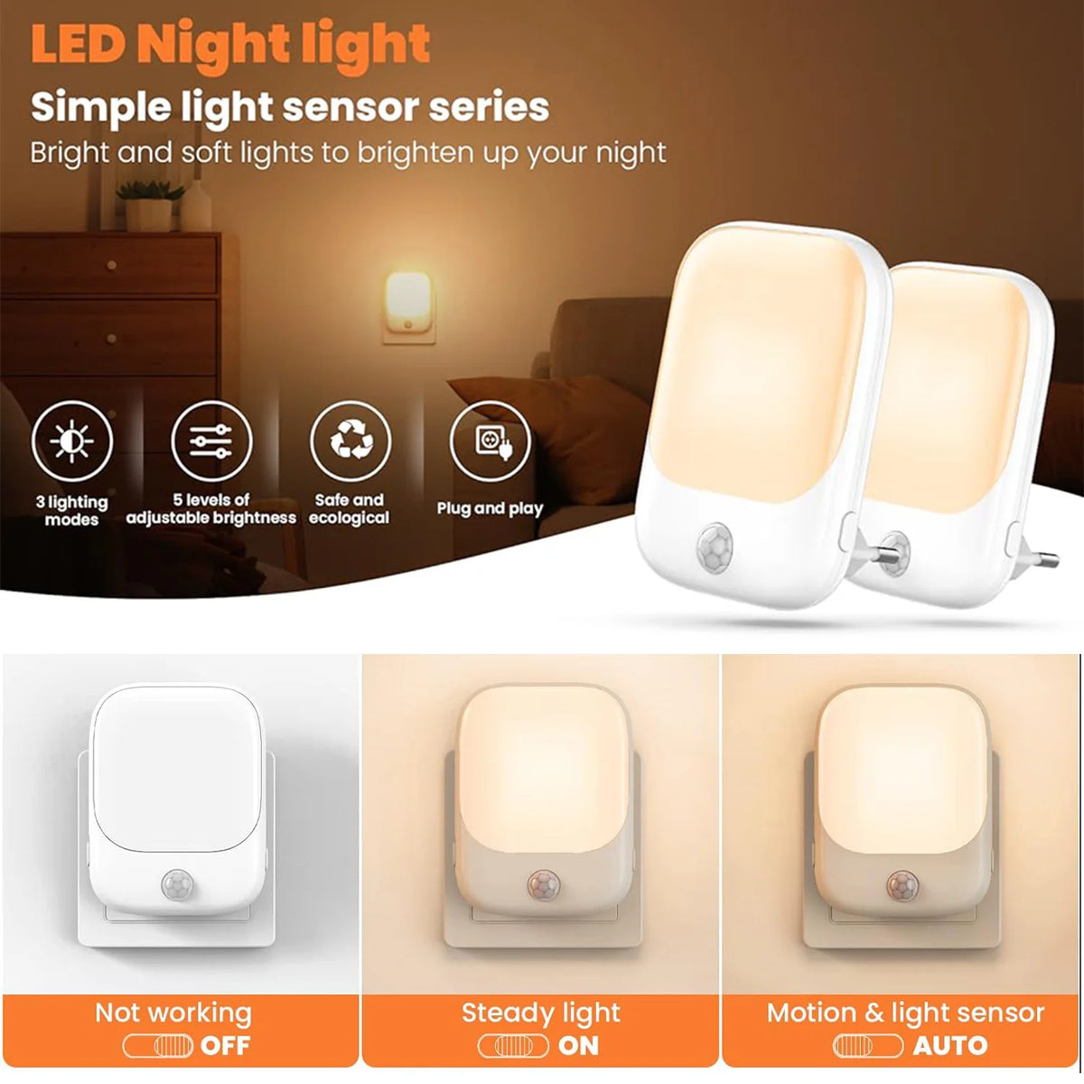 1pc/2pcs EU Plug in LED Motion Sensor Night Lights for Kids Bedroom Auto Dusk to Dawn Sensor Dimmable Wireless Cabinet Lamp