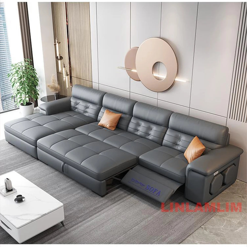 MANBAS Sectional Sofa Bed with Storage, Genuine Leather Reclining Couch, Space-Saving Convertible Sleeper Sofa for Living Room