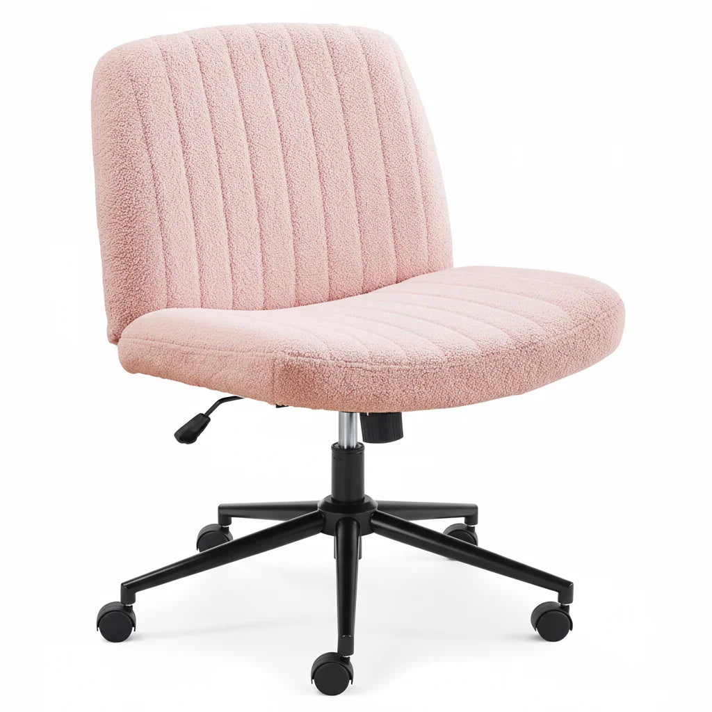 Pink Teddy Fabric Criss-Cross Desk Chair, Armless Swivel Seat with Wheels & Adjustable Height for Home Office
