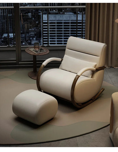 Solid wood leather lazy balcony leisure rocking chair bedroom living room household single sofa chair