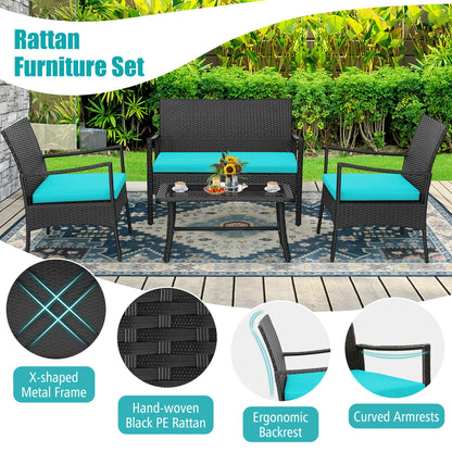 4PCS Patio Wicker Furniture Set Cushioned Chairs& Loveseat with Coffee Table Garden