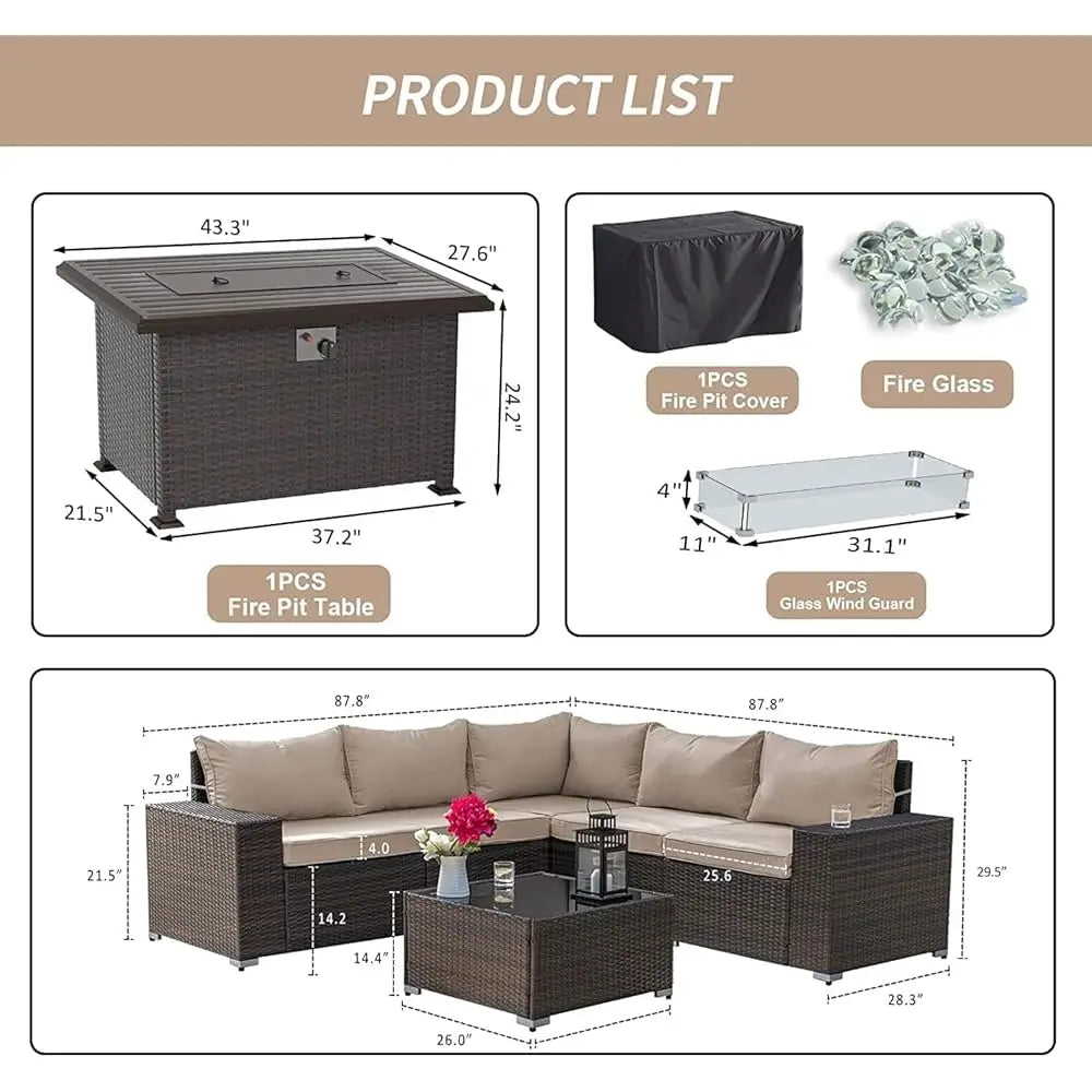 7 Pieces Outdoor Patio Furniture Set With 43"" 55000Btu Gas Propane Fire Pit Table Pe Wicker Rattan Sectional Sofa Patio