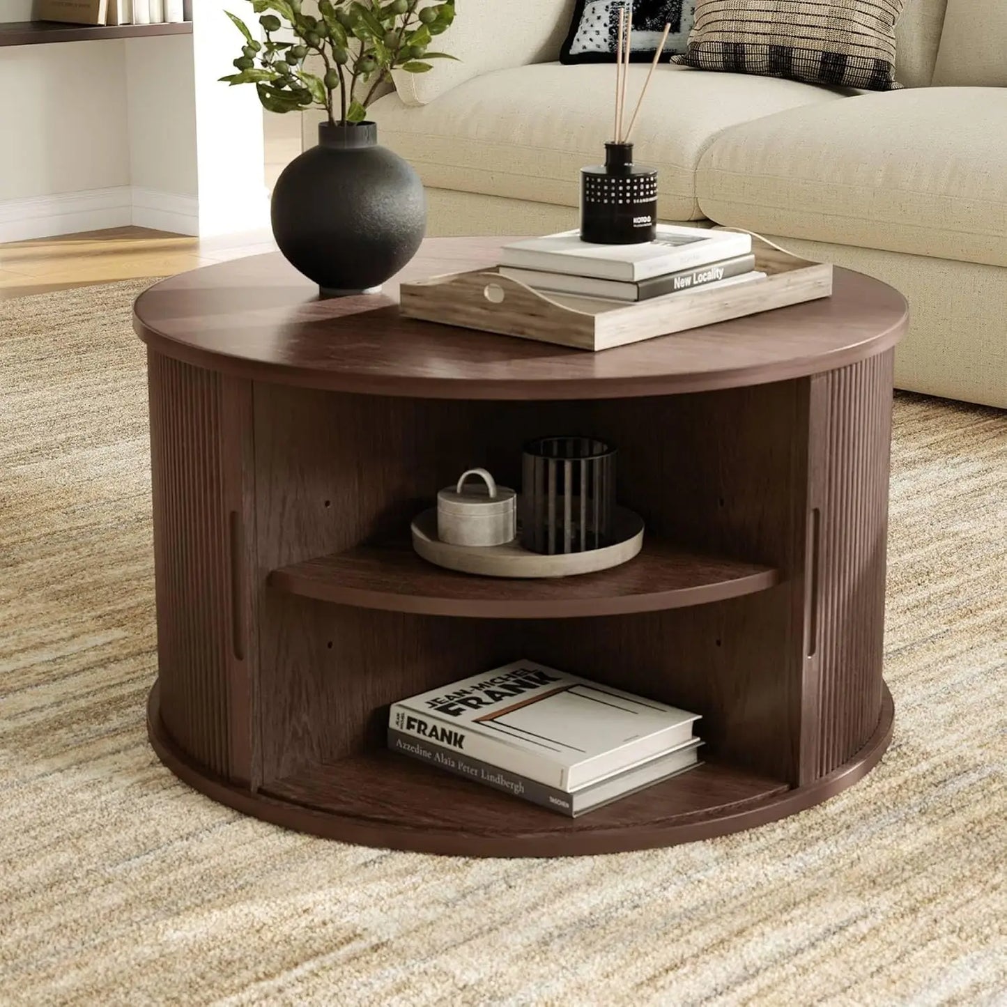 Round Coffee Table,31.5" Drum Coffee Table with Sliding Tambour Door,Fluted Accent Center Table with Storage,Modern Coffee Table
