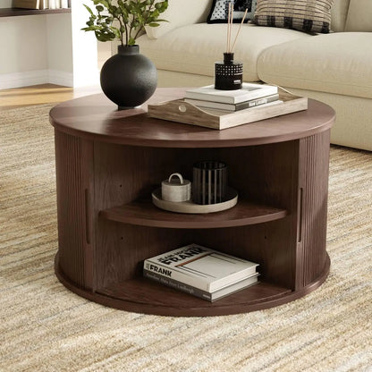 Round Coffee Table,31.5" Drum Coffee Table with Sliding Tambour Door,Fluted Accent Center Table with Storage,Modern Coffee Table