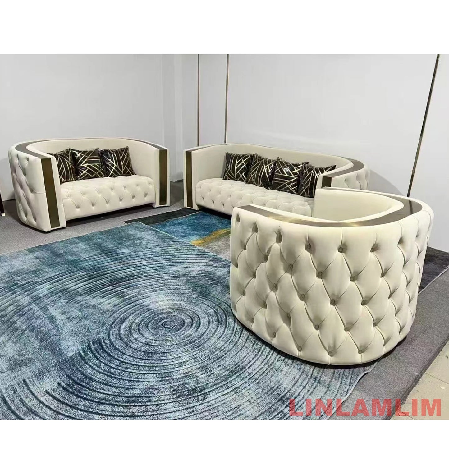 Luxury Genuine Leather Tufted Sofa Set – Chesterfield Couch with Curved Backrest and Leather Buttons & Stainless Steel Trims